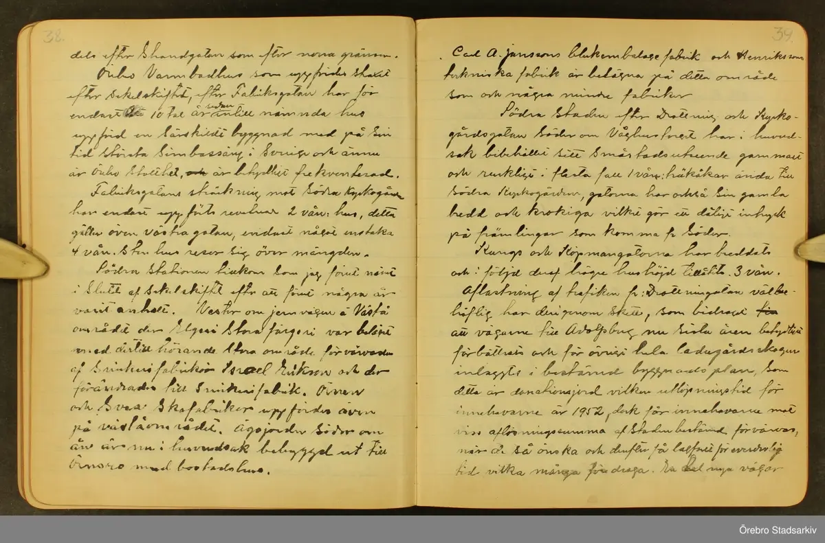 Byggmästare Per Karlssons anteckningar om Örebro stad, 1884-1935. Text på titelsidan "Härefter Örebro stads förändrade fysionomi tiden 1884 och därefter till och med 1935, sålunda 50 år".