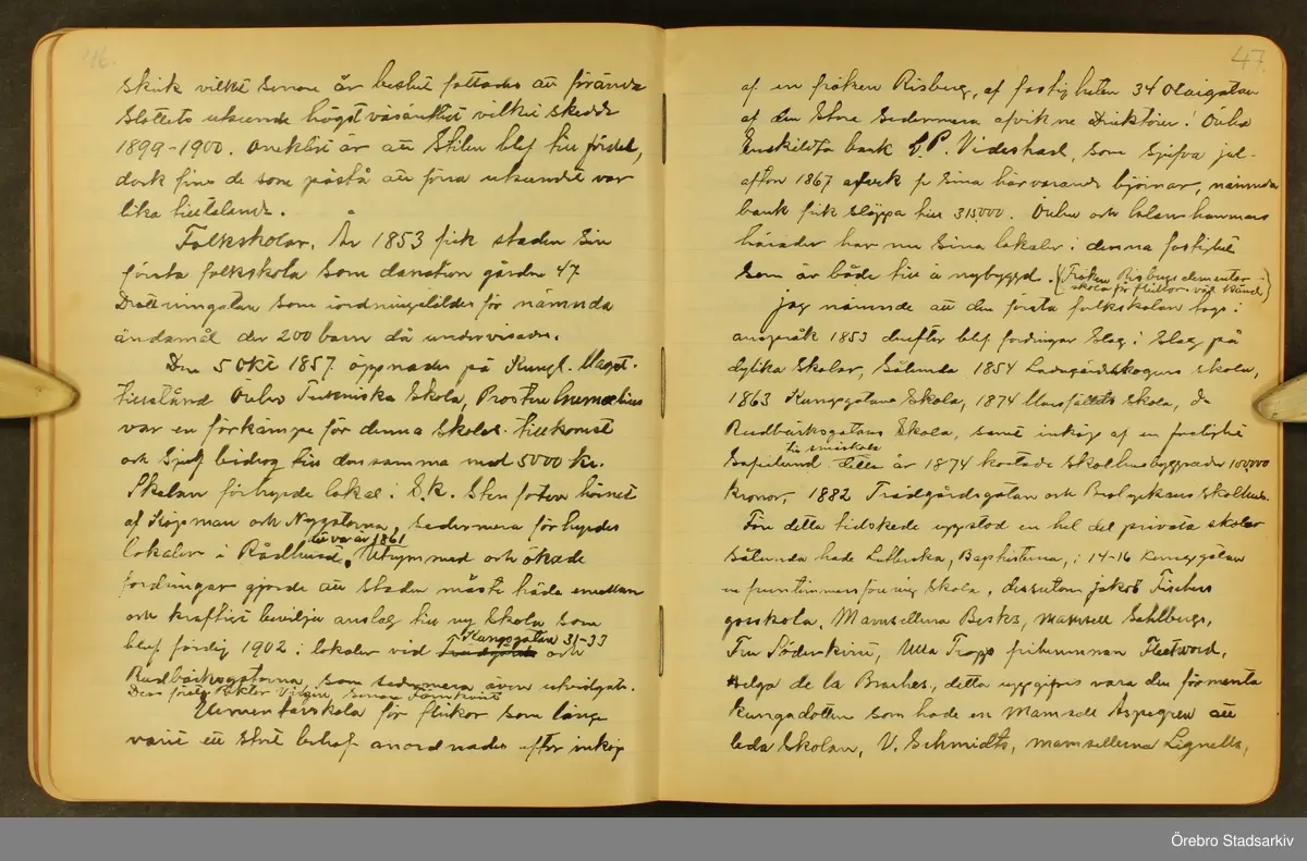 Byggmästare Per Karlssons anteckningar om Örebro stad, 1884-1935. Text på titelsidan "Härefter Örebro stads förändrade fysionomi tiden 1884 och därefter till och med 1935, sålunda 50 år".