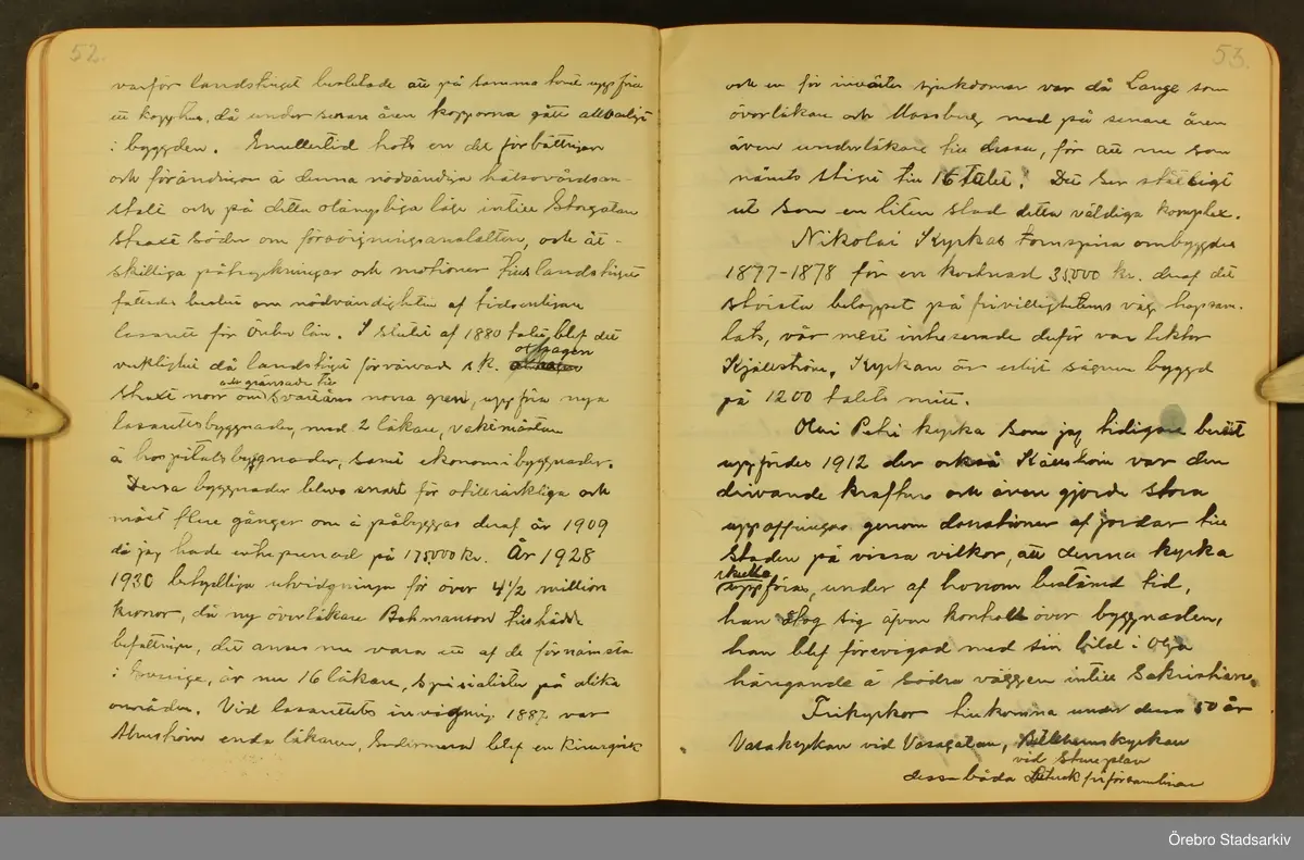 Byggmästare Per Karlssons anteckningar om Örebro stad, 1884-1935. Text på titelsidan "Härefter Örebro stads förändrade fysionomi tiden 1884 och därefter till och med 1935, sålunda 50 år".