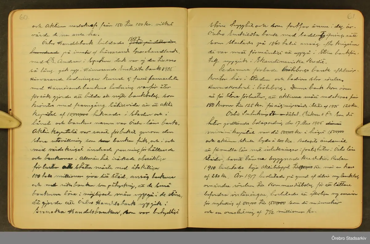 Byggmästare Per Karlssons anteckningar om Örebro stad, 1884-1935. Text på titelsidan "Härefter Örebro stads förändrade fysionomi tiden 1884 och därefter till och med 1935, sålunda 50 år".