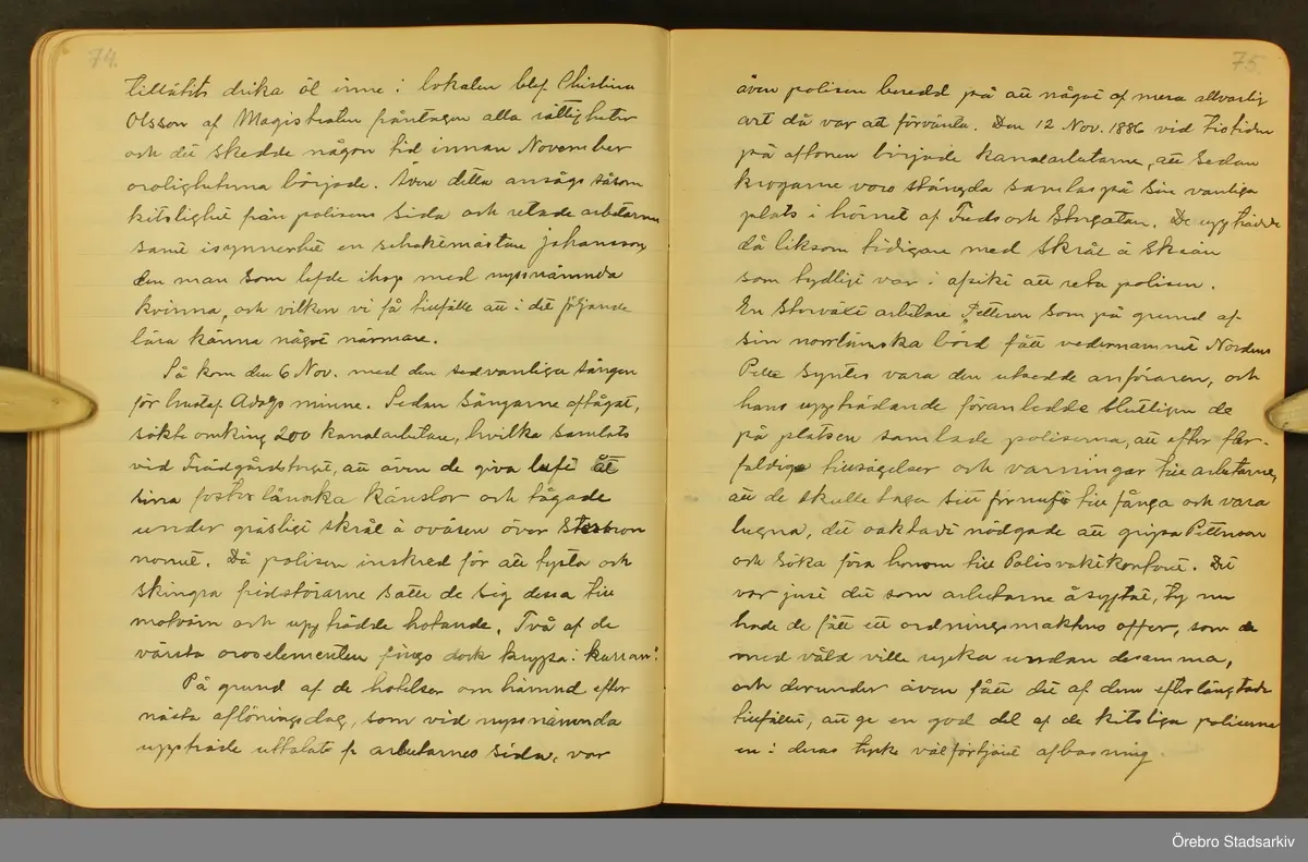 Byggmästare Per Karlssons anteckningar om Örebro stad, 1884-1935. Text på titelsidan "Härefter Örebro stads förändrade fysionomi tiden 1884 och därefter till och med 1935, sålunda 50 år".