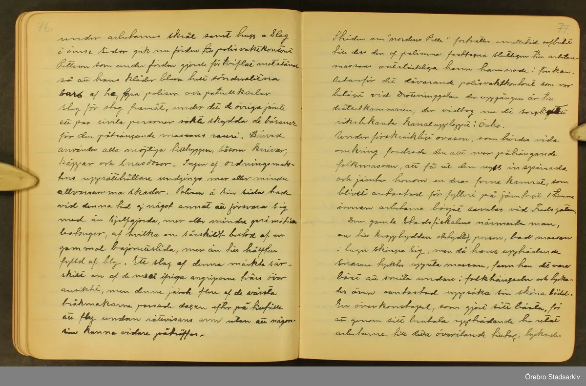 Byggmästare Per Karlssons anteckningar om Örebro stad, 1884-1935. Text på titelsidan "Härefter Örebro stads förändrade fysionomi tiden 1884 och därefter till och med 1935, sålunda 50 år".