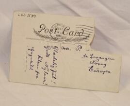 Postkort. Julemotiv. Julestjerne, tekst forgylt, kantet bakgrunn. Hjørne revet av (frimerke). Skrift, trykk og stempel på baksiden.