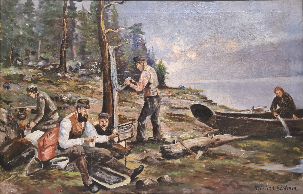 Fem personer ved eit vann. Båt. Reperasjon av fiskeutstyr. Matlaging på bål.