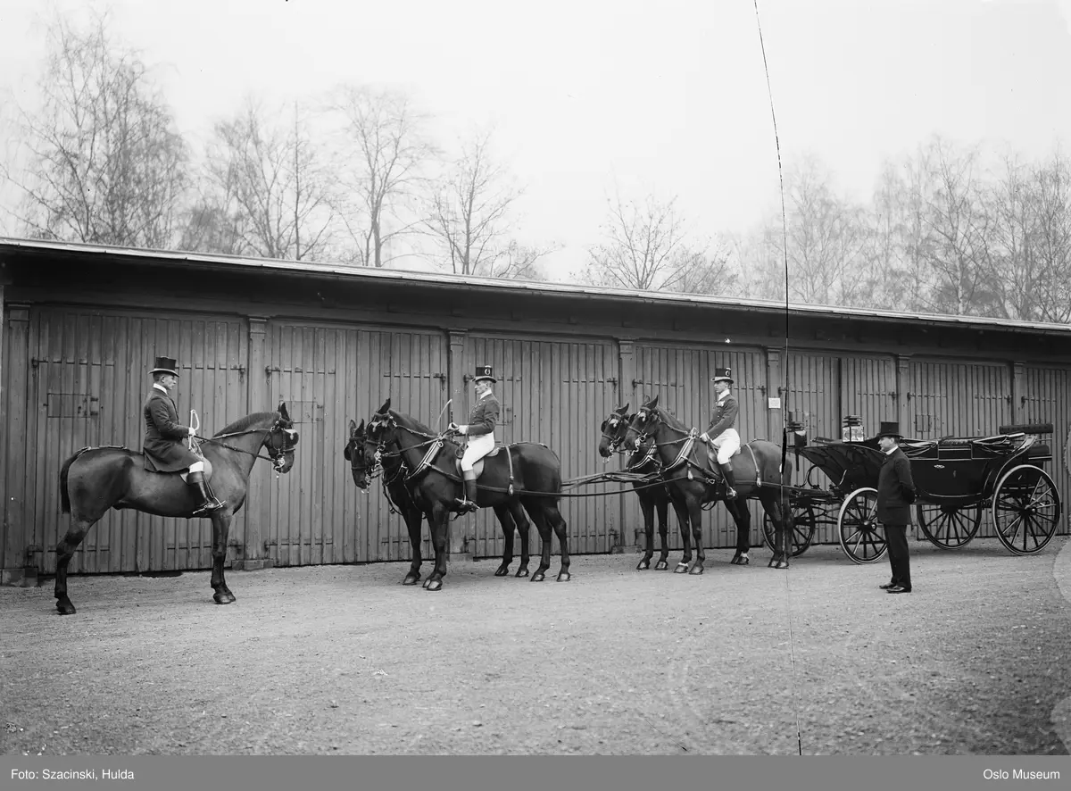 Slottets stallbygning, hester, kongevogn, menn, stallmester, forriddere