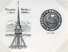 Kort med motiv av klockstapeln vid Pelarne kyrka. Bokägarmärke och sigill.
