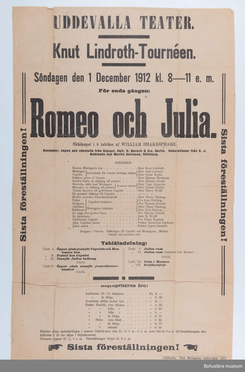 Teateraffisch för föreställningen Romeo och Julia.