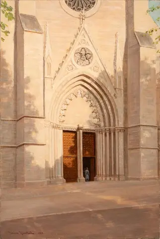 Västra fasaden till Linköpings domkyrka. [Oljemålning]