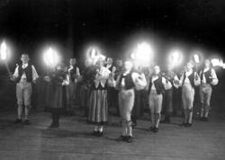 Fackelbärande ungdomar med bygdedräkter.