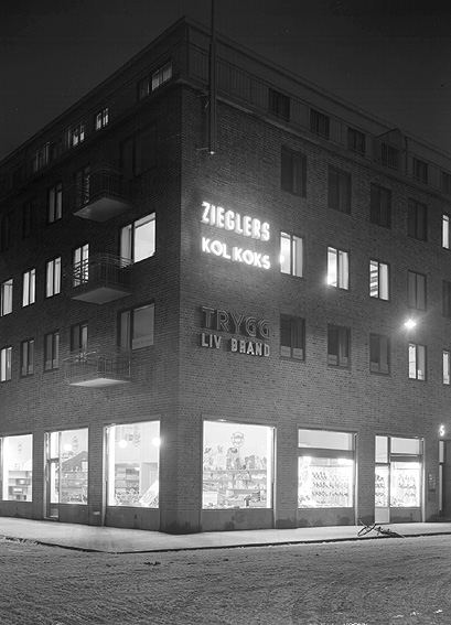 Bland annat Zieglers Kol & Koks i större tegelbyggnad.
Fotografens ant: Eltjänst. 1941.
Bolaget grundades 1890 under namnet Karlstads Kol & Koks-Aktiebolag. År 1924 ändrades namnet till Zieglers Kol & Koks-Aktiebolag. Firman handlade enbart med kol och koks och bedrev en omfattande import och försäljning av detta såväl i hela fartygslaster som vagnslastvis. Kontoret var på 1940-talet beläget på Västra Torggatan 5. 1935 anslöt sig Zieglers till ARA-koncernen, (A. R. Appelqvist Kolimport Aktiebolag) Stockholm. Senare blev Zieglers ensamförsäljare för Värmland av eldningsaggregatet REKA. Sen 1960-talet har Zieglers främst etablerat sig som en byggfirma som inriktat sig på  tegel, takpannor, torrbruk och trädgårdsplattor. 1985 började dom sälja spisar, skortstenar och andra värmeprodukter.
Källa: Nyblom-Svanqvist, Näringsliv i Värmland, 1945 B. Wendel (redaktör) Beskrivning över Karlstad med omnejd, 1939.