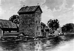 Tornliknande hus avbildat. Troligtvis Hybelejen.