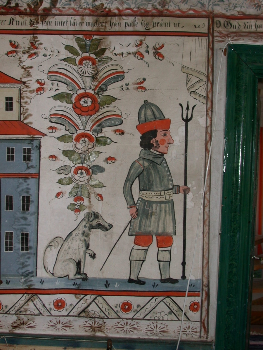 Interiört måleri på gården Hagen. Väggmålningarna är utförda av Kers Erik Jönsson 1838-1839, takmålningarna samt måleri på skåp, stolar och delar av vägg som ej målades av Jönsson är utförda av målare Blom 1847.