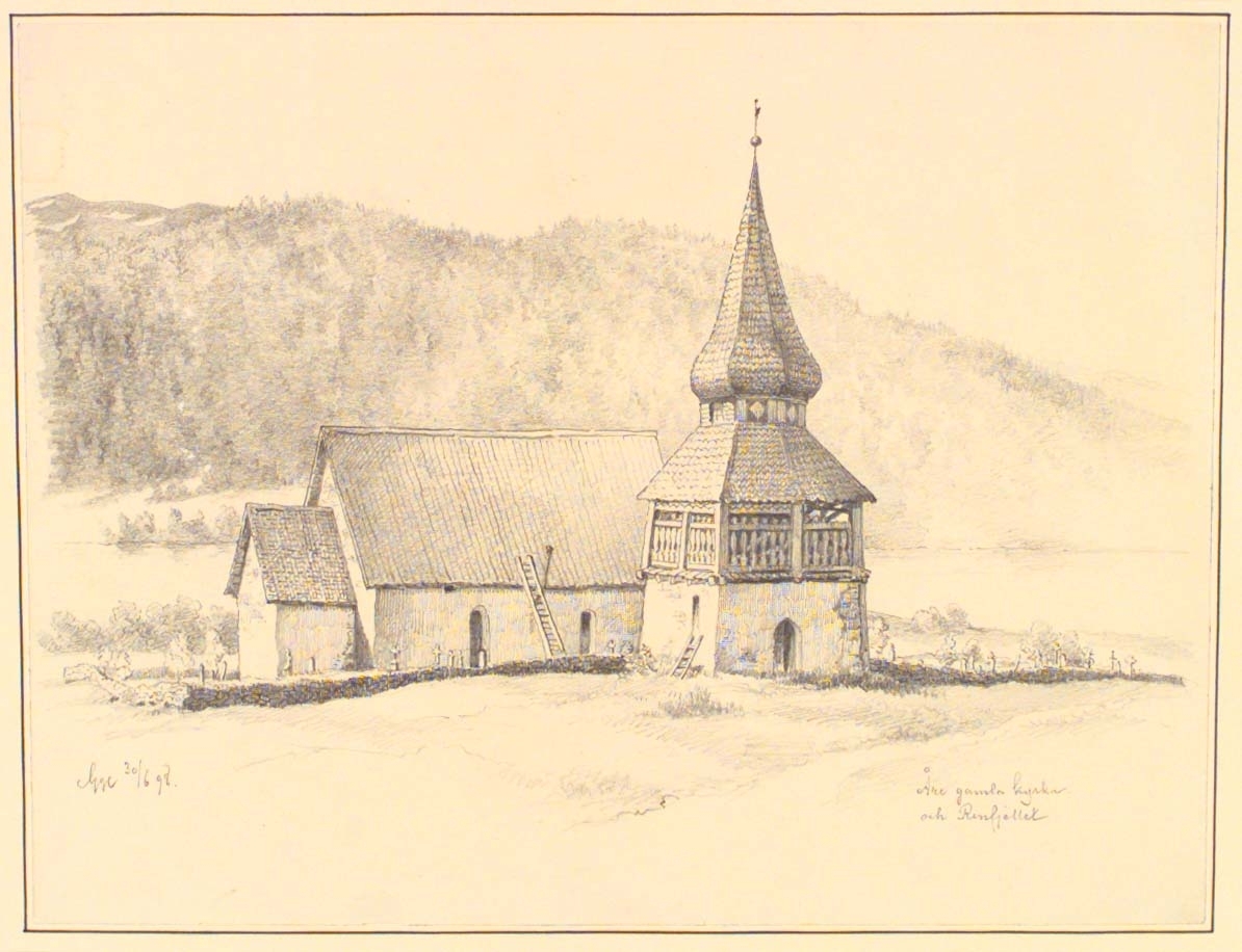 Åre gamla kyrka och Renfjället [Teckning]