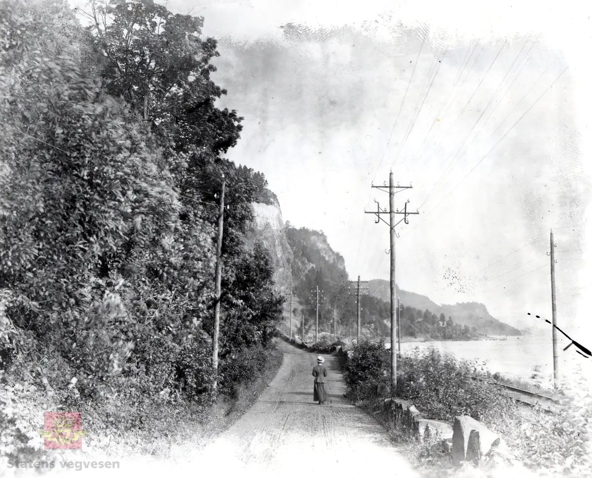 På bildet  en ukjent kvinne på spasertur på Sørlandske hovedveg nord for Holmestrand  ca. 1900.  
Sørlandske hovedveg sto ferdig i 1874. Traseèn er ennå i bruk.  Omtalt i boka Vegvalg og vegskille av James Ronald Archer.