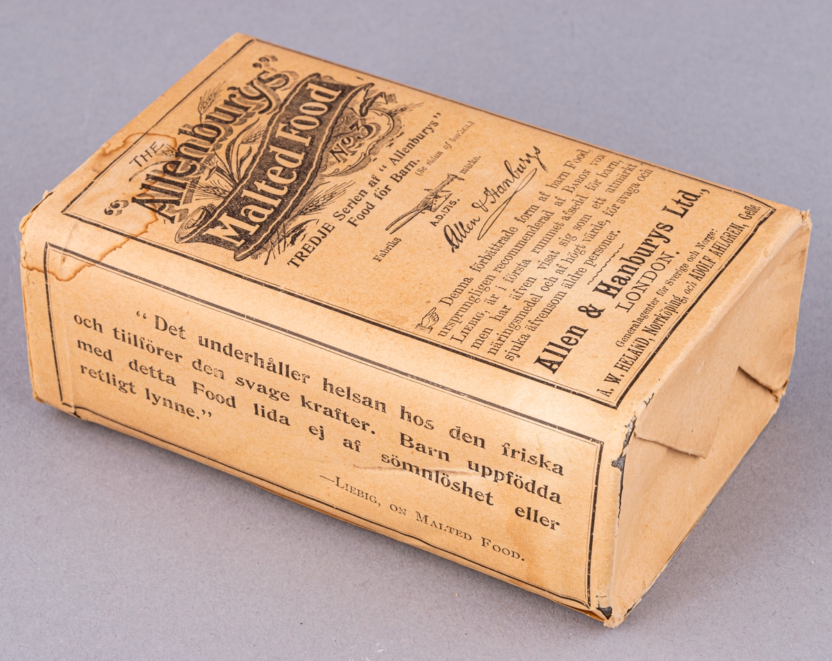Pappersförpackning, paket, för barnmat. "The Allenburys Malted Food".