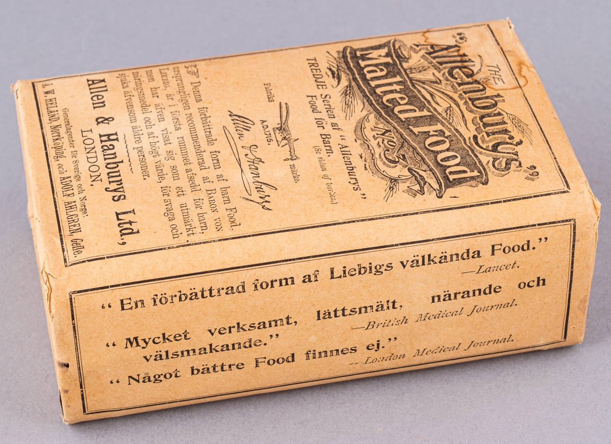Pappersförpackning, paket, för barnmat. "The Allenburys Malted Food".