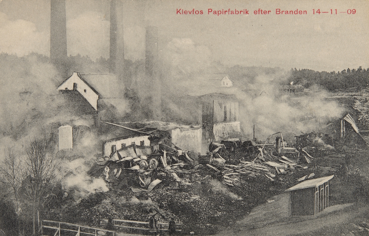Postkort, Løten, Ådalsbruk, Klevfos Cellulose- & Papirfabrikk, brann av fabrikken 14. november 1909, branntomt,