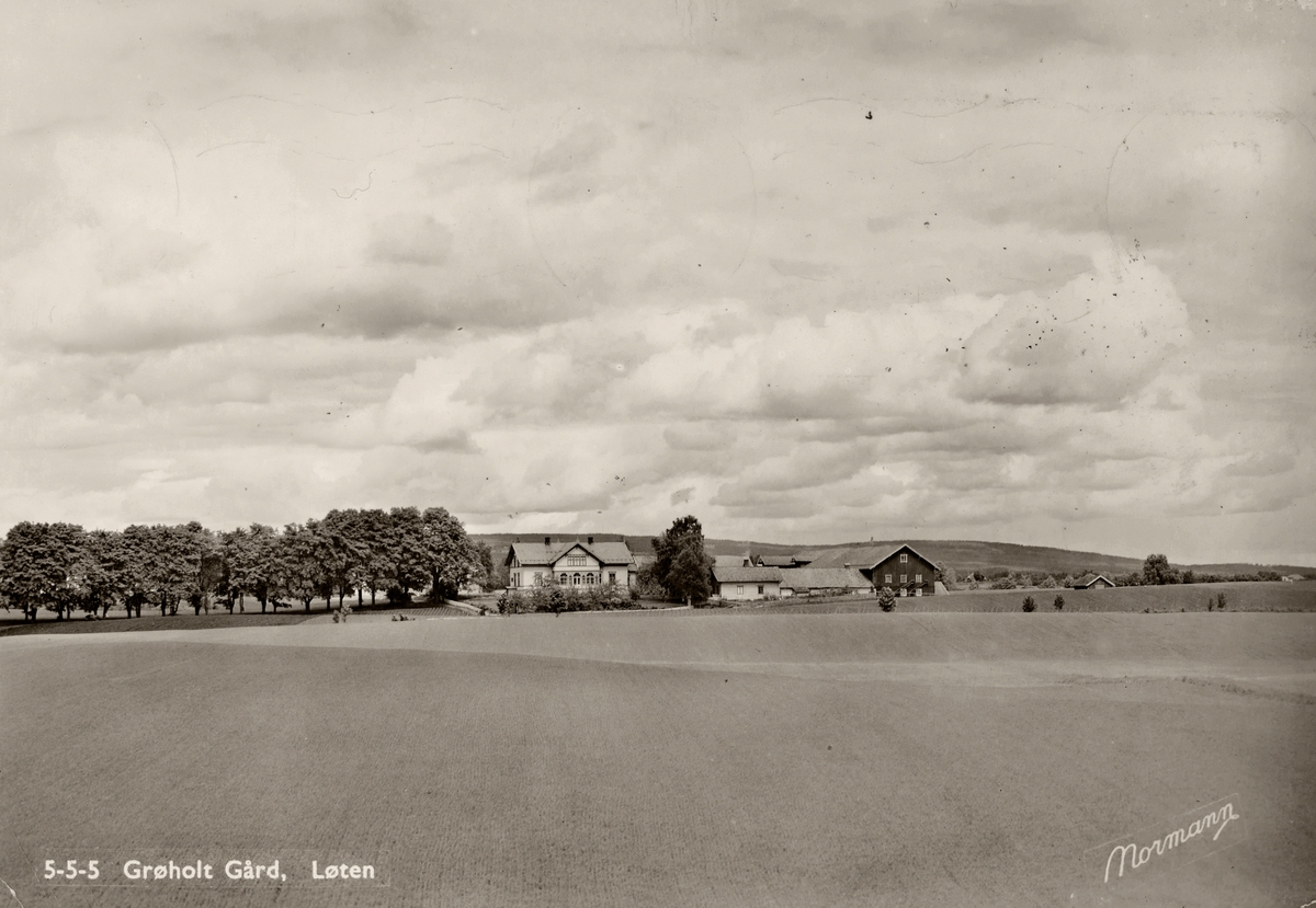 Postkort, Løten, Grøholt gård, landbrukslandskap,