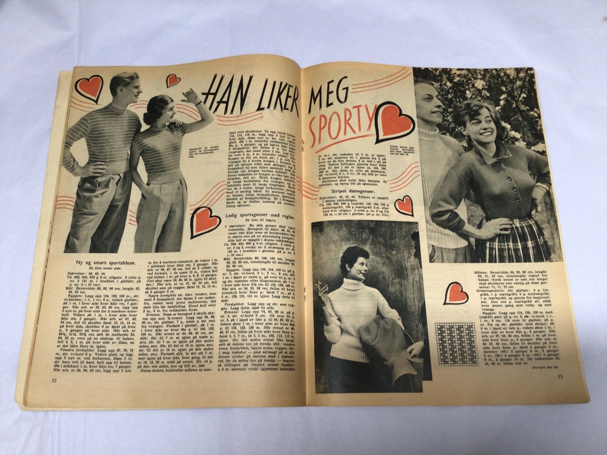 Hefe er stifta i ryggen. Inneheld oppskrifter på strikkeplagg til barn, dame og herre. Heftet har 61 sider. Den kosta kr 3,- då det kom i trykk i 1953.