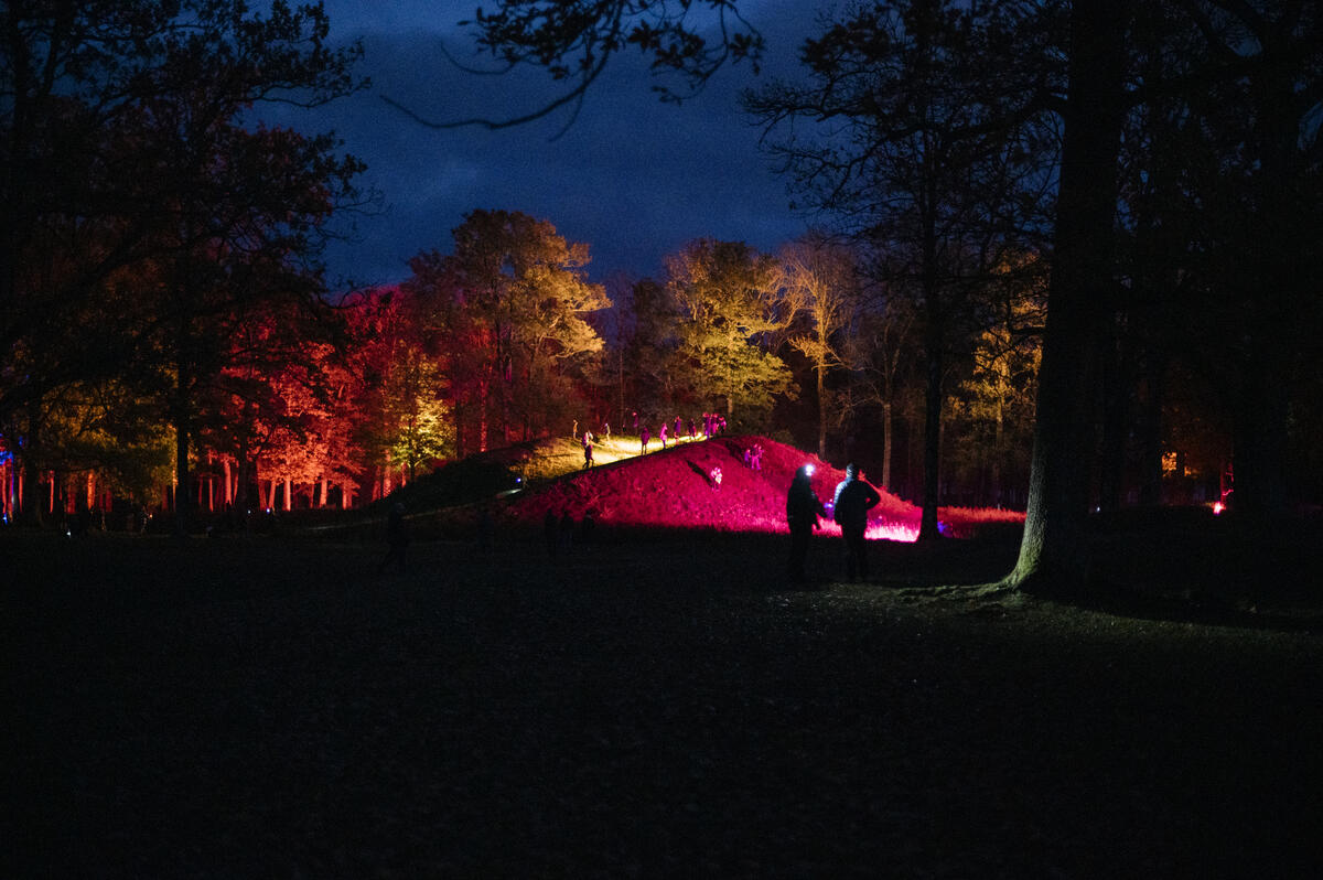 Stemningsfullt bilde. Det er mørkt og viser lysvandring ved Borrehaugene i Horten