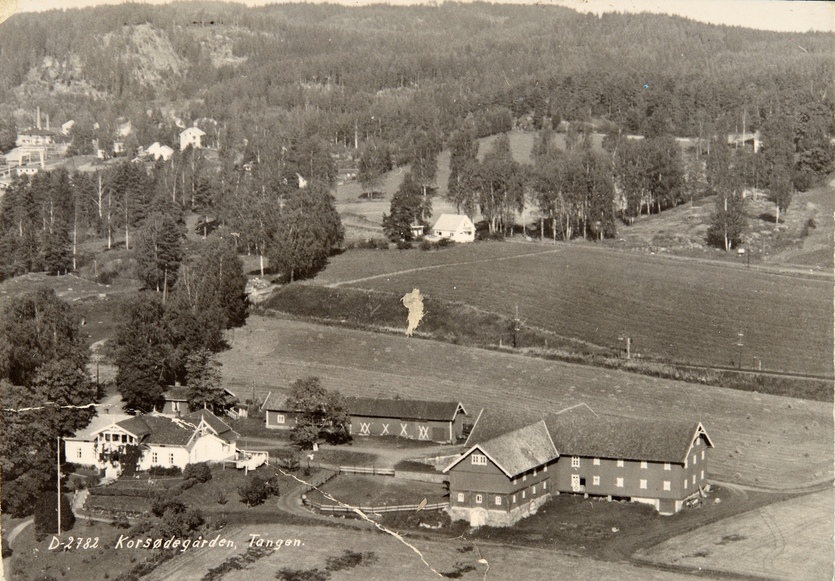 Postkort, Stange, Tangen, flyfoto, Korsødegården,