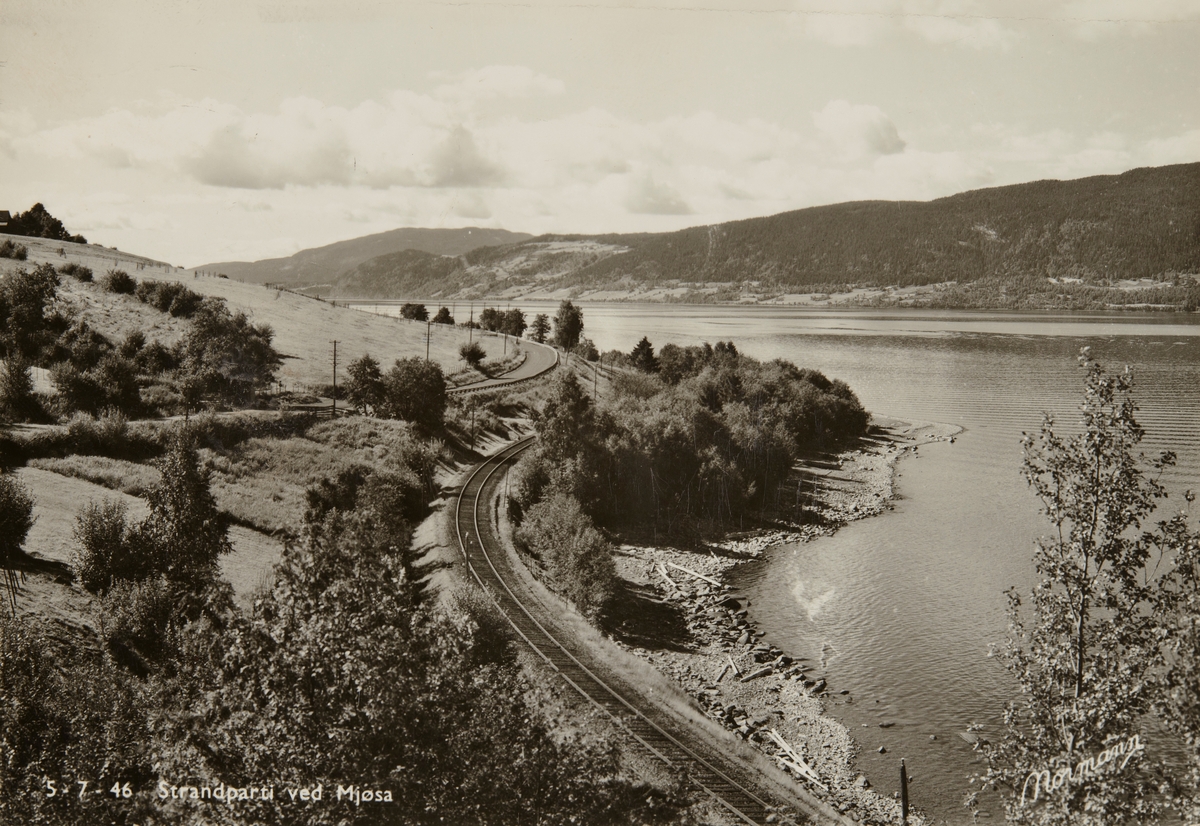 Postkort, Stange, Espa, strandparti ved Mjøsa, jernbanespor og riksveg 50, kommunikasjon,