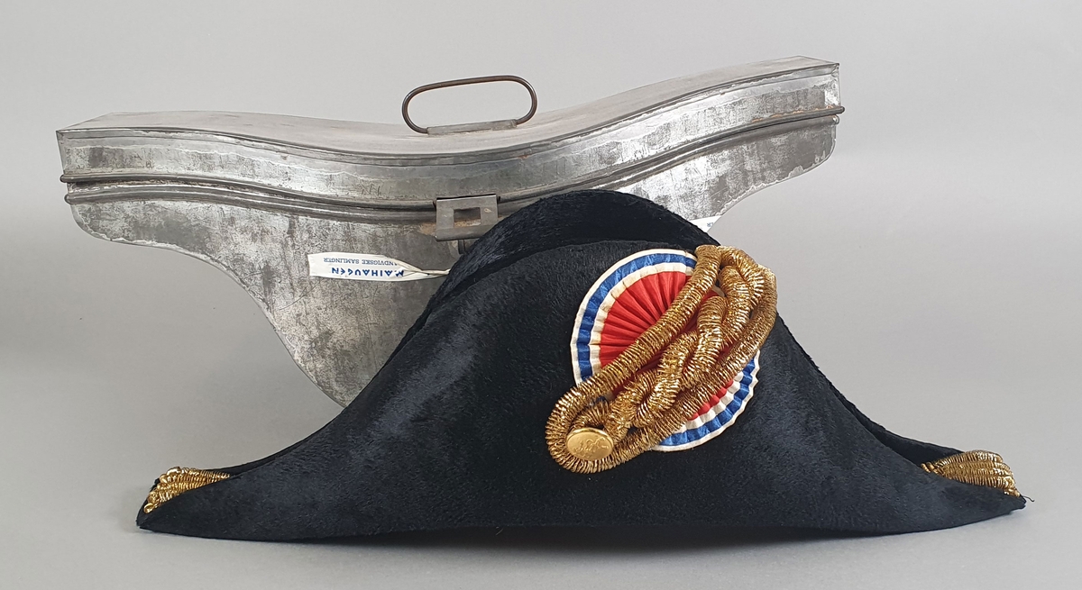 Embedsmannshatt trukket med svart floss, avlang form. Rosett i rødt, hvitt og blått under flettet sløyfe av gullfarget metalltråd på den ene langsiden. Hatten er fôret med hvit silke med produsentens stempel og har en lysebrun svetterem av lær. Hatten ligger i en hatteeske av blikk som er formet som hatten. I hatten ligger et visittkort.