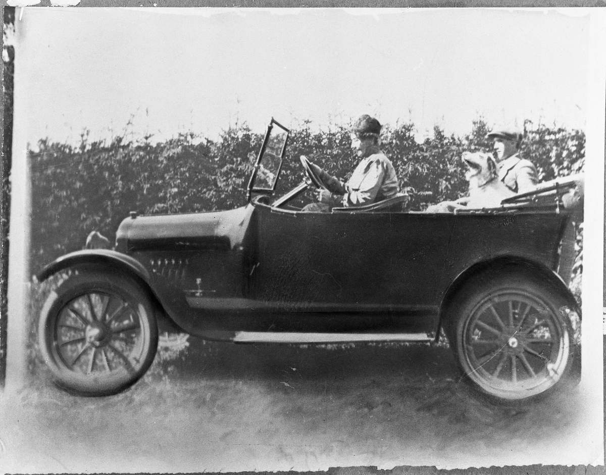 Bil og personer Rogneby, Østre Toten, året 1932. Ragna Rogneby var eier av bilen, en 1920-modell Chevrolet, som var kjøpt hos Sontum i Oslo samme år som bildet ble tatt. Ragna hadde tatt sertifikat, og sannsynligvis er det hun som sitter ved rattet. Hun hadde imidlertid engasjert en Andresen som sjåfør. Det er han som sitter i baksetet med hunden Filur. Andresen drev drosjetrafikk på Lena i flere år, med flere sjåfører. Ragna Rogneby, født Møller, var gift med Adolf Rogneby, men de ble skilt. Hun bodde på Rogneby, men måtte flytte ved skilsmissen. Hun kom imidlertid tilbake på slutten av sitt liv.