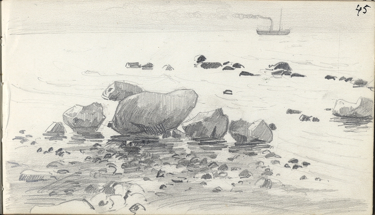 Skiss, blyerts. Ett stenigt strandmotiv, trol. från Kalmarsund, Öland. En ångbåt syns i bakgrunden.

Inskrivet i huvudbok 1975.