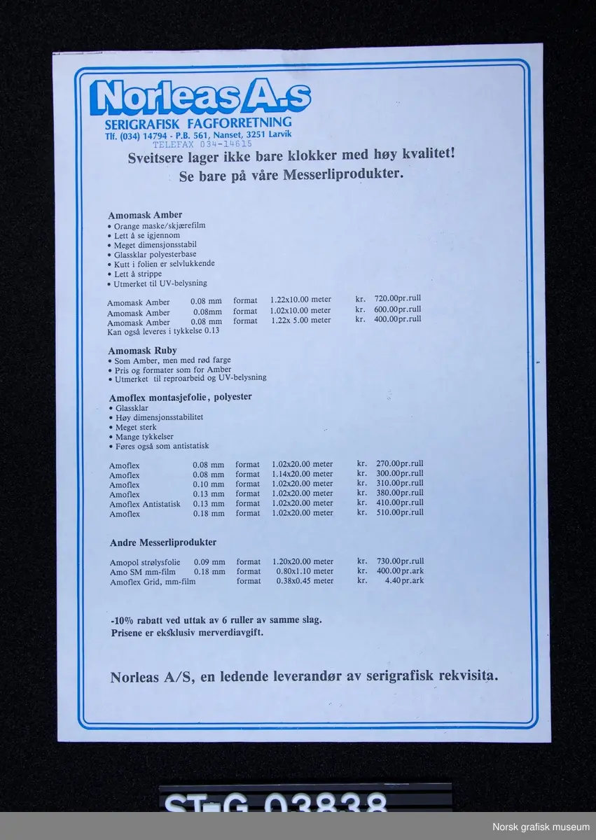 Fargerik folder som presenterer Messerli montasjefolie. Inni folderen er to prislister fra Norleas A.S, serigrafisk fagforretning, enkelt sort trykk på hvitt papir.