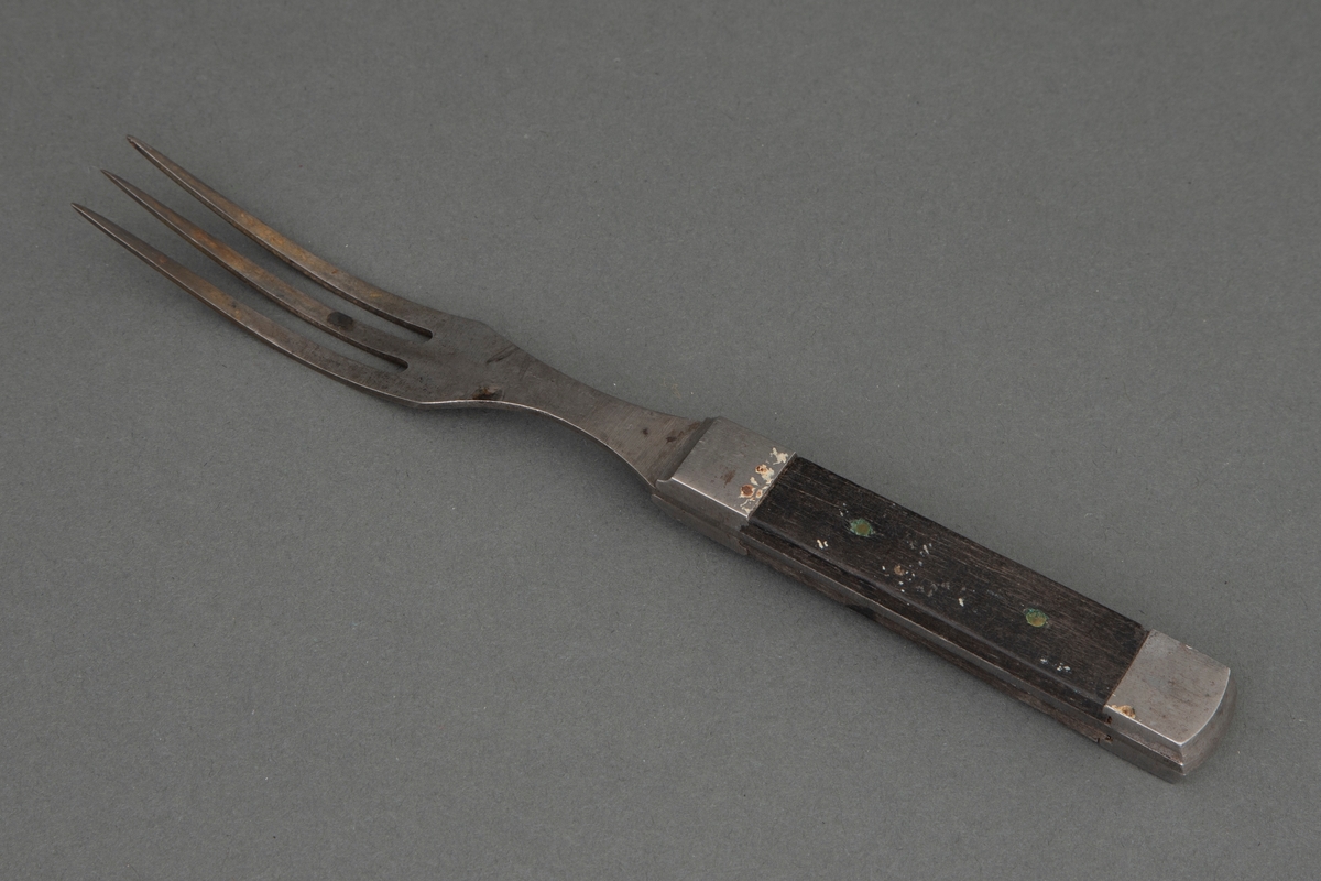 Spisegaffel i stål med tre lange smale tinner. Bladet går gjennom hele skaftet og dekkes på over- og undersiden av mørkt tre, som er nittet fast. Ved skaftets begynnelse og ende er det et stålbeslag.
