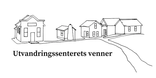 Prærielandsbyen tegnet i silhuett og tekst Utvandringssenterets venner