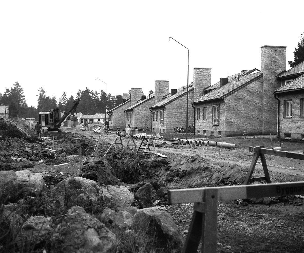 Linköping expanderar och hade vid 1950-talets mitt nått stadsdelen Vimanhälls södra delar. Här Skogsgatans radhus i kvarteret Tulpanen, nyligen klara för inflyttning.