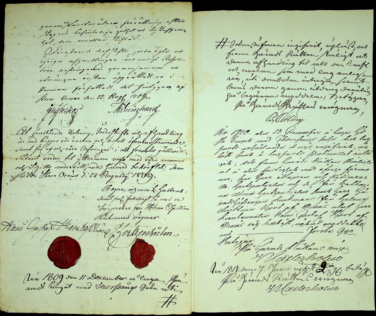 Arvsskifte efter bergmästaren Carl A. Hjort af Ornäs daterat den 22/8 1809. 
Not: Signaturer och sigill (löjtnanten Hans Gustaf Hiort af Ornäs och majoren och riddaren A. Hertzenhielm).
Handl består av 6 ihopsydda blad