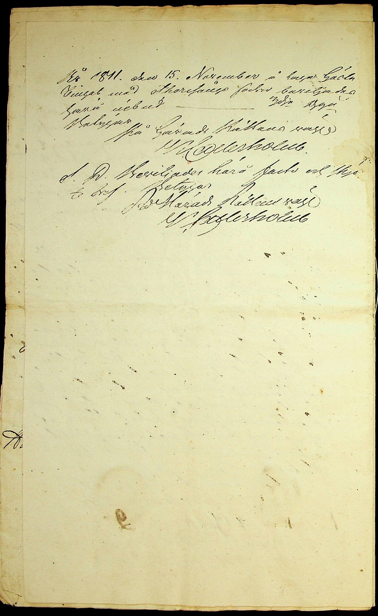 Arvsskifte efter bergmästaren Carl A. Hjort af Ornäs daterat den 22/8 1809. 
Not: Signaturer och sigill (löjtnanten Hans Gustaf Hiort af Ornäs och majoren och riddaren A. Hertzenhielm).
Handl består av 6 ihopsydda blad