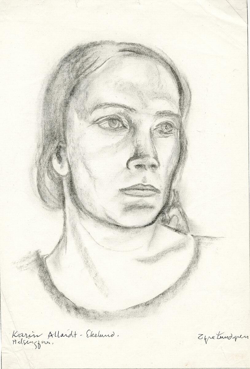 Skola      Avbildad person ort etc      Motivkategori  porträtt    Nr_upplaga      Montering_ram      Signering  Tyra Lundgren    Påskrift  karin Allardt - Ekelund, Helsingfors