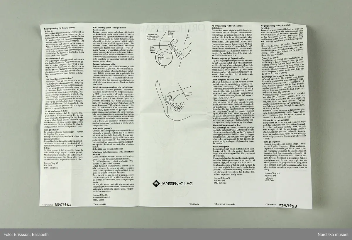 a) Pessarkopp i gulvitt gummi med b) förvarsingsask för pessar i blå plast, c) blå förpackning i kartong samt d) bruksanvisning.