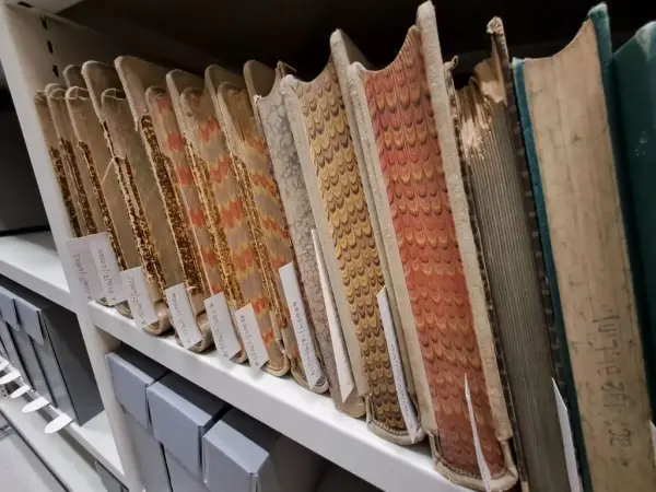 På bilete kan man sjå ein rad med gamle bøker som tilhøyre arkivet til Kraftmuseet