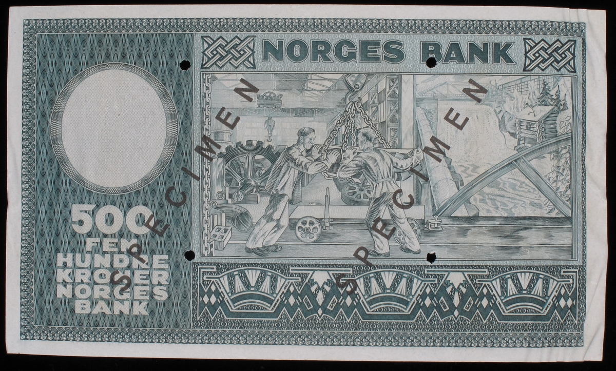 To motiver fra norsk industri på en side. Portrett av  ........ på motsatt side.