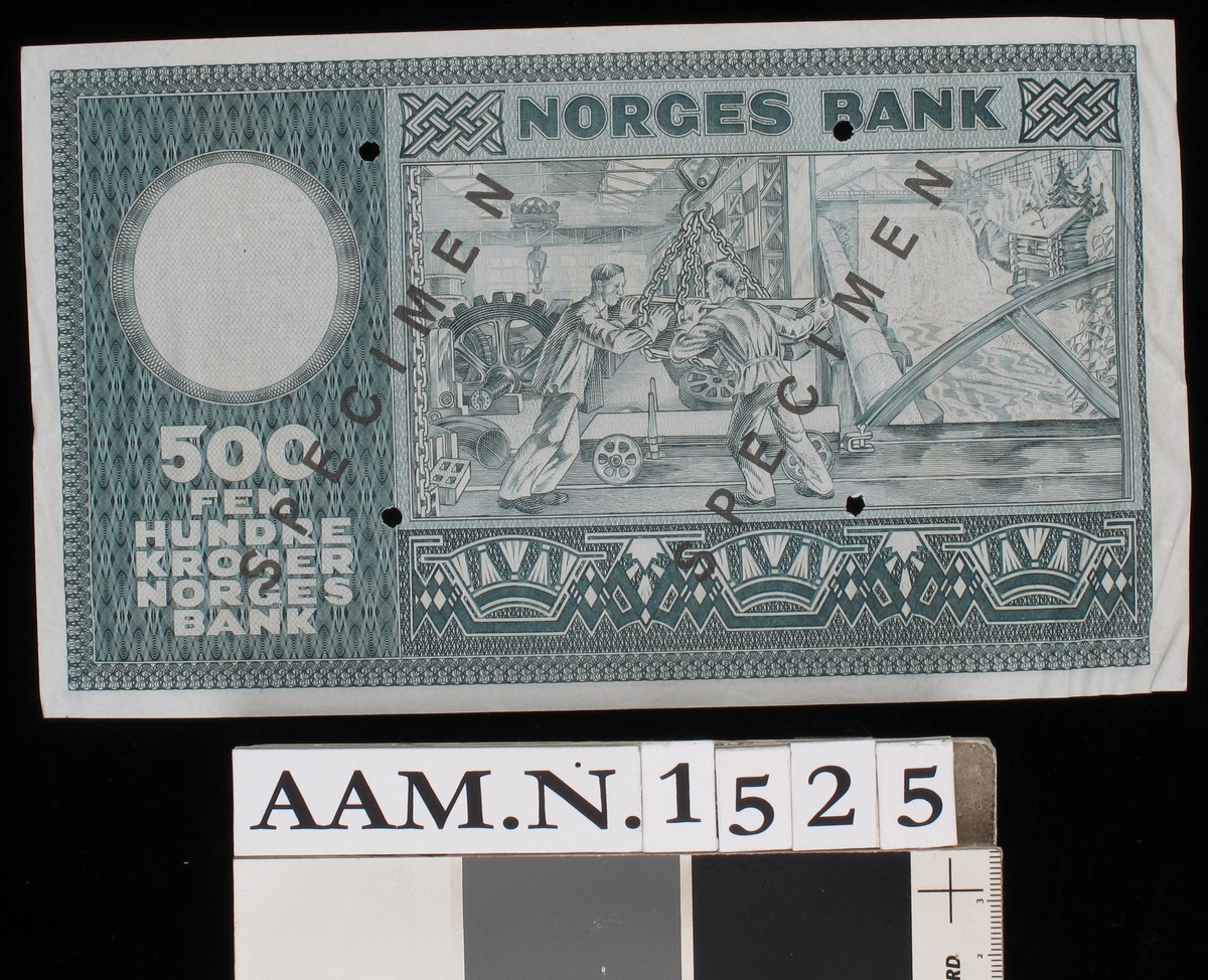 To motiver fra norsk industri på en side. Portrett av  ........ på motsatt side.