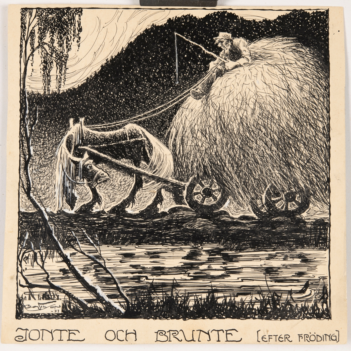 Illustration av dikten "Jonte och Brunte" av Gustaf Fröding, publicerad i "Gitarr och dragharmonika" år 1891.

En häst drar ett stort hölass på en ojämn skogsväg. En man sitter uppe på hölasset. Han håller en piska och ser sliten ut. Hästen kollar förvirrat bak mot mannen och hölasset. I förgrunden ligger en sjö och i bakgrunden finns en skog.