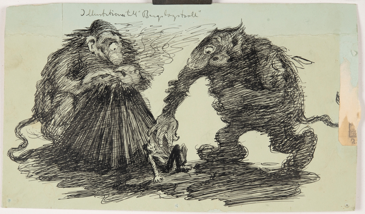 Illustration av dikten "Bergslagstroll" av Gustaf Fröding, publicerad i "Nya dikter" 1894.

Movtivet är två troll som precis har upptäckt en man. Trollen är mycket större än mannen, har ett öga, lång och stor näsa, samt en svans. Det ena trollet är på väg att nudda mannen med sin hand. Mannen ser skräckslagen ut.