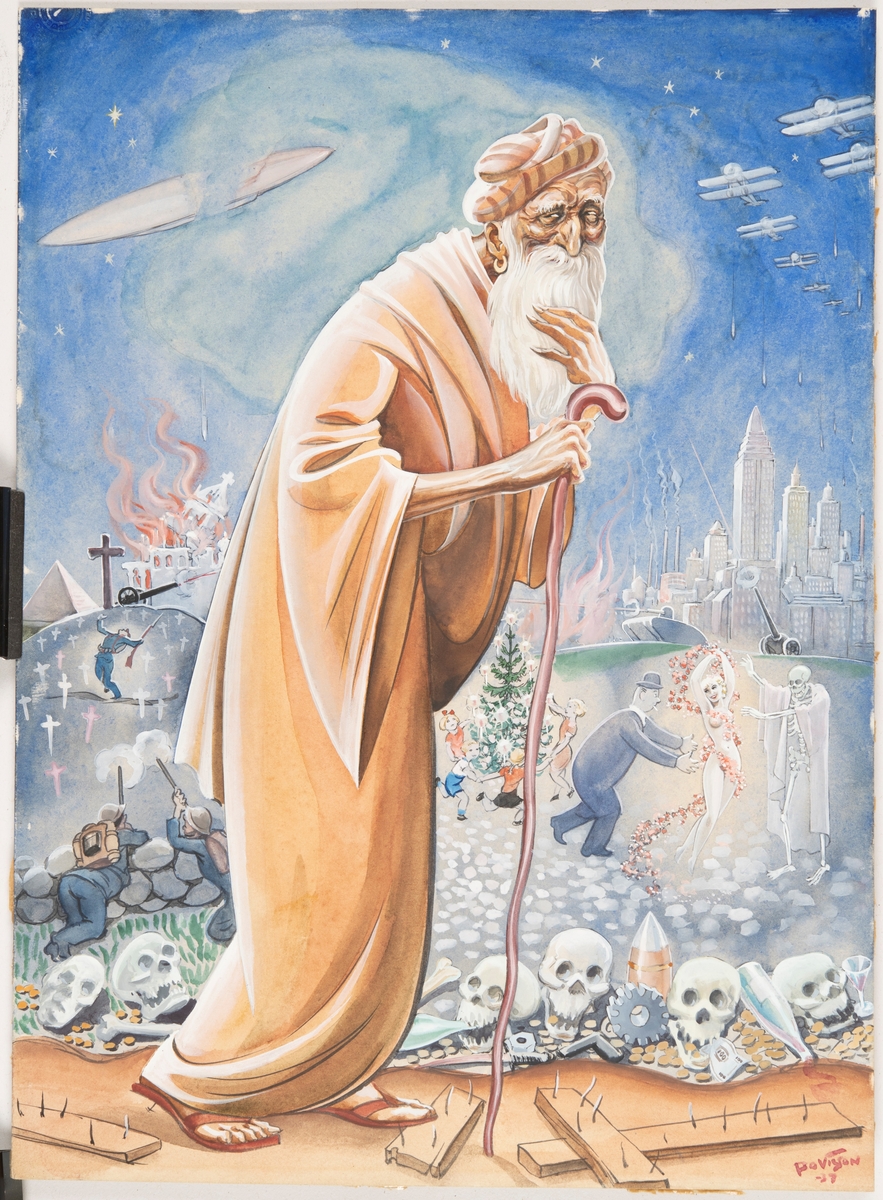 Illustration av dikten "Den evige juden" av Gustaf Fröding, utgiven 1894 i samlingen "Nya dikter". 

I motivets förgrund går en äldre man klädd i en orange fotsid dräkt och sandaler. Han har långt vitt skägg och vandringsstav. På marken där kan går ligger brädor med spikar som står upp som han nästan trampar på. Vid vägkanten ligger döskallar tillsammans med bland annat mynt, ett kugghjul, ett svärd, ett glas och en flaska. I bakgrunden till vänster om mannen syns två soldater liggandes bakom en stenmur, de skjuter en man som går på ett gravfält med kors. Bakom fältet brinner en fallande kyrka. I bakgrunden på bildens högra sida finns tre scener. En man och ett skelett står om varsin sida om en dansande kvinna iklädd endast en blomsergirlang. Snett bakom dem dansar tre barn och en kvinna runt en klädd julgran. Bakom dem står en stridsvagn och kanon på en kulle som skjuter mot den brinnande kyrkan. Bortom kullen syns en stad med höghus. Bland natthimlens stjärnor flyger stridsplan som släpper ner bomber mot staden, även en flygfarkost.

Dikten grundar sig på legenden om den vandrande juden Ahasverus som blev dömd att vandra på jorden fram till domedagen.