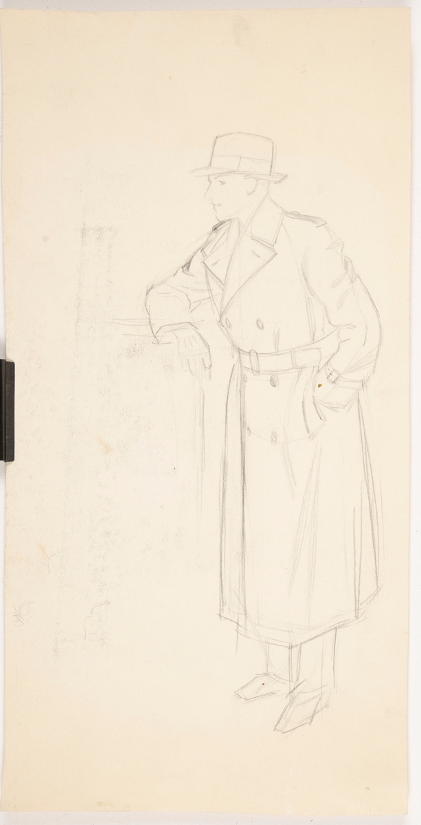Skiss till reklam för klädmärket Tiger of Sweden. Illustration av en man iklädd trenchcoat och hatt. Mannen har ena handen i fickan och vilar den andra armen på ett högt objekt. Han är vänd mot vänster i bilden och blickar åt samma håll.

I bildens väntra hörn syns två skissade ögon och en mun.

På baksidan av bilden står en kort text.