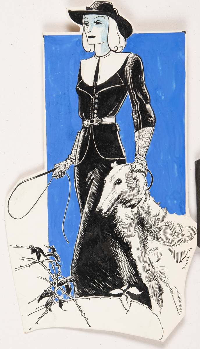 Illustration till reklamannons.

Bilden föreställer en kvinna som går med en hund. Kvinnan är klädd i svart dräkt och hatt.
Bildens bakgrund är blå.