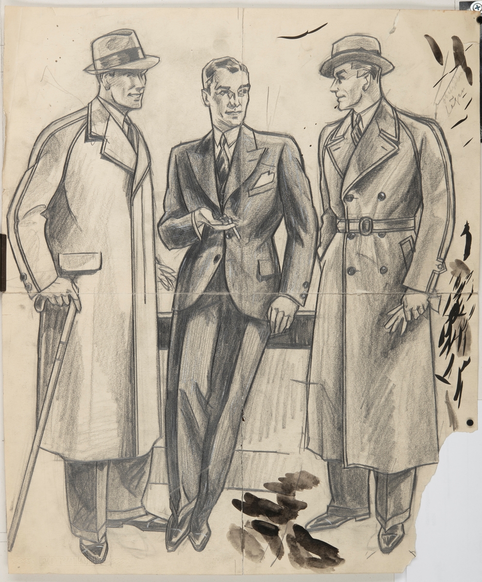 Illustration till reklamannons.

Motivet föreställer tre män. Mannen längst till vänster bär en lång rock, hatt och käpp. Mannen i mitten bär en kostym och håller en cigarett i ena handen. Mannen till höger bär en trenchcoat, hatt och håller ett par handskar i handen. De tittar på varandra.