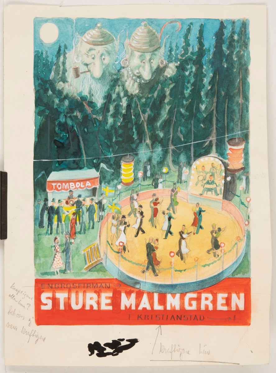 Illustration till Engrosfirman Sture Malmgren i kristianstad.

Motivet föreställer en dansbana med en scen och bredvid dansbana finns en tombola. På dansbanan dansar flera par, på scenen spelar ett band och spelar musik, och runt om kring minglar människor. Platsen ligger i en skog, höga träd syns i bakgrunden. Mellan trädtopparna tittar två troll ner på folket. På natthimlen lyser fullmånen.

Längst ner på bilden står med rad bakgrund "Engrosfirman Sture Malmgren i Kristianstad".