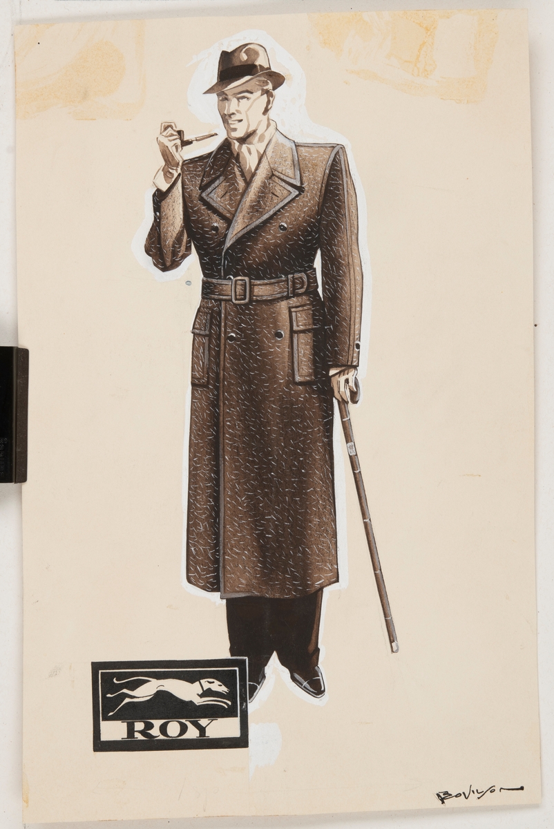 Illustration till reklamannons för ROY.

Bilden föreställer en man iklädd trenchcoat, hatt och käpp. Mannen röker pipa och ser glad ut. Han är avbildad framifrån.

Längst ner i bildens vänstra hörn finns en svart rektangel med en springande hund (troligen en greyhound) och texten "ROY" i.