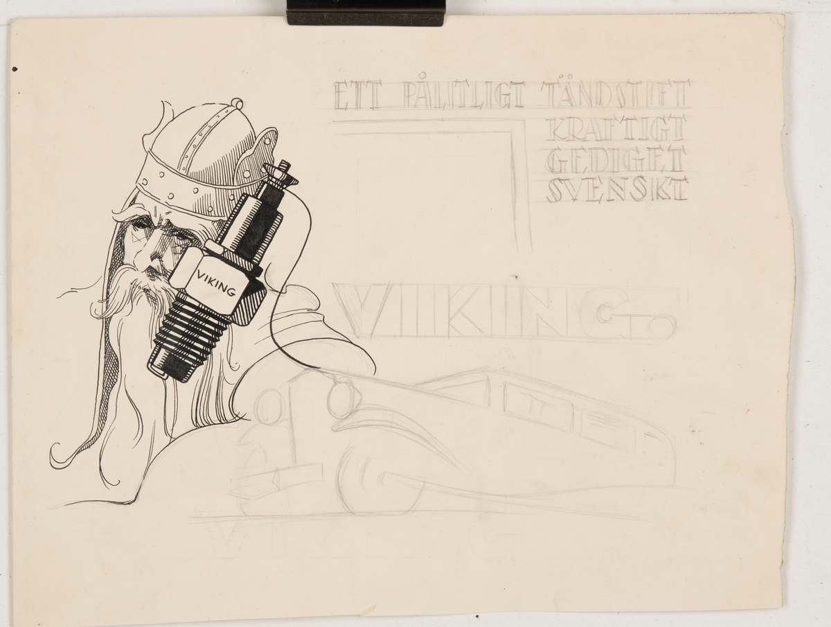 Reklamaffisch.

Till vänster i bilden är en man med lång mustasch och vikingahjälm tecknad. Intill mannens ansikte är ett tändstift med texten "viking" på. Till höger i bilden står texten "ett pålitligt tändstift", "kraftigt", "gediget", "svenskt", samt "viking.". Under texten är en bil illustrerad.