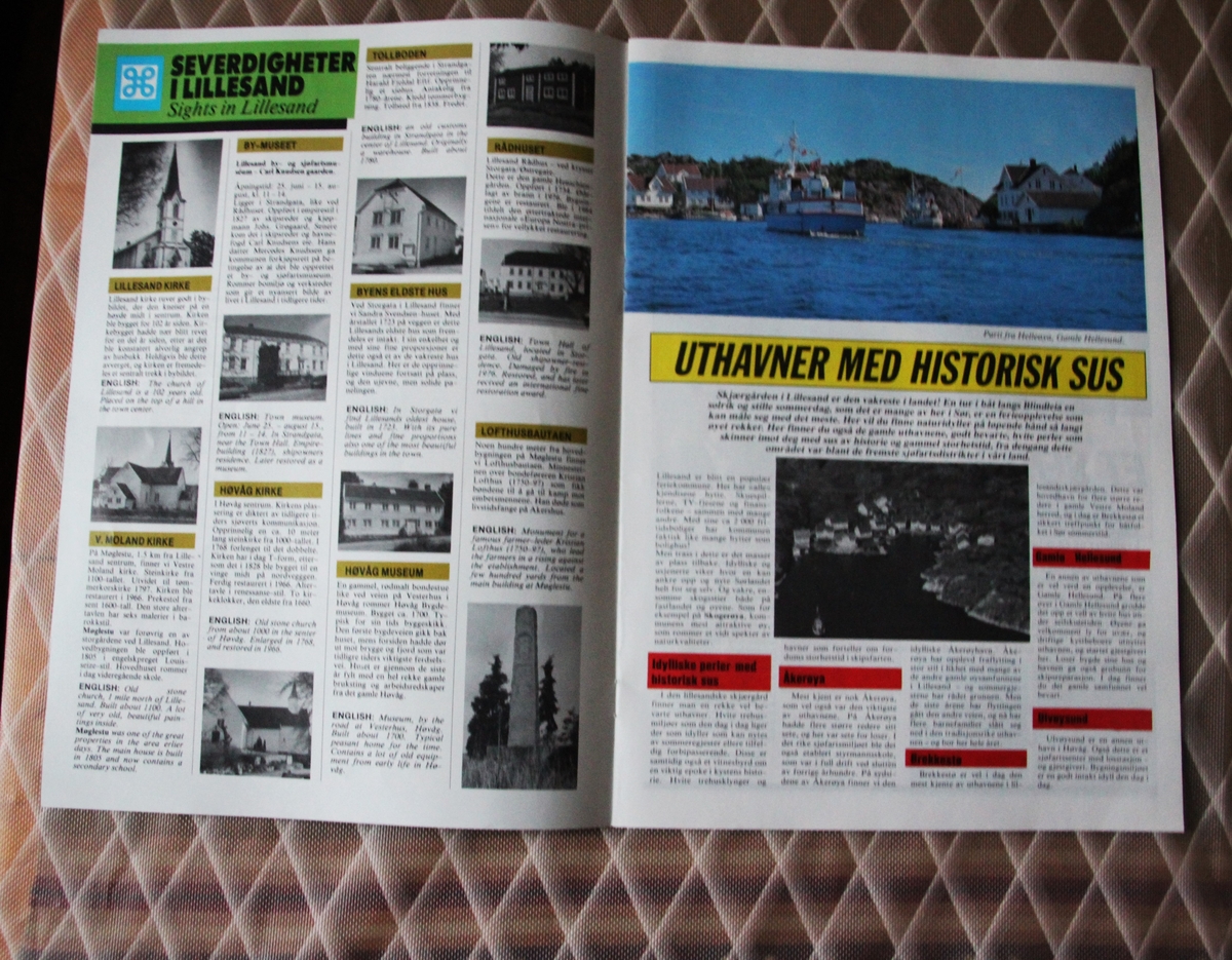 a) Reklame
Plastpose,hvit. Påskrift: Pers Mathjørne. Alt i dageligvarer. Strandgata i Lillesand. TLF.: 780. Innehaver Per Tønnesen.
b) Informasjon og reklame.
Lillesand sommer 1991. Utgiver Round Table, Lillesand.  24 sider, 12 blader.
c) Katalog (Hefte). "Rosenberg og Norway".
10 sider fotografier av barn med bunader. I farger. Foto fra Helges Studio og trykk fra Terjes Trykkeri Lillesand. Frabrikk 1950-1975. 10 sider.
A.S. Rosenberg Konfeksjonsfabrikk, 4790 Lillesand, Norway. Tlf. (042) 70066.